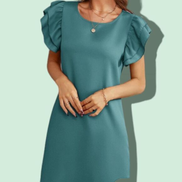 SHEIN NEW RUFFLE TRIM TUNIC DRESS CADET BLUE SIZE 6 MEDIUM - Picture 3 of 8